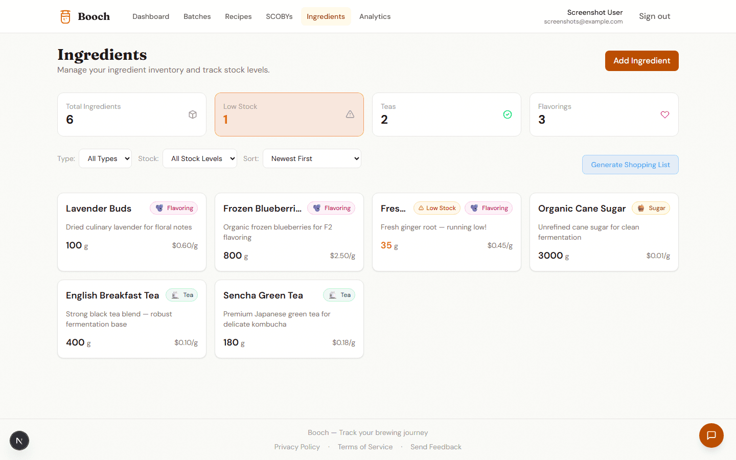 Screenshot of Booch ingredient inventory with stock levels, cost tracking, and low-stock alerts
