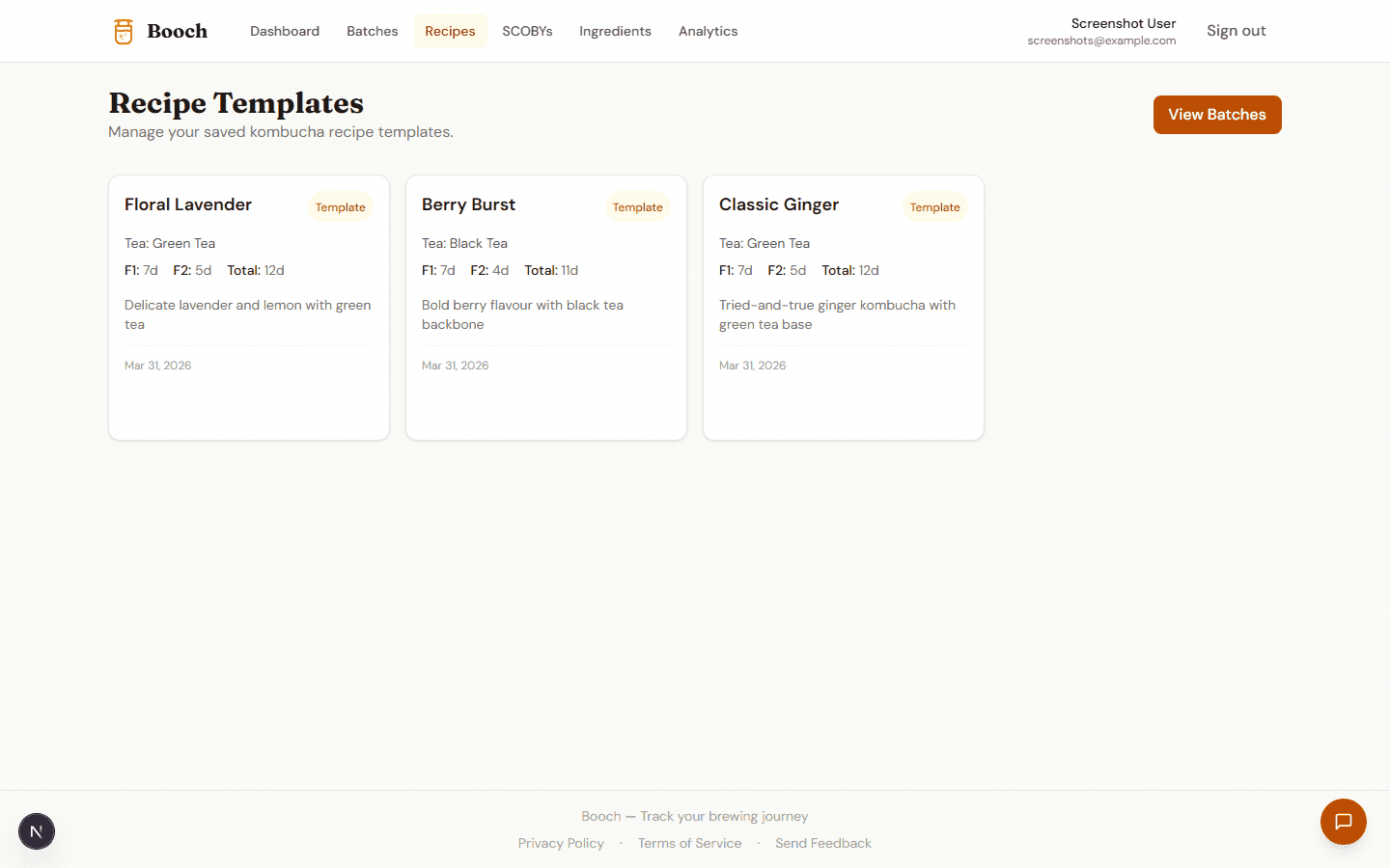 Screenshot of Booch recipe templates showing saved recipes with fermentation parameters