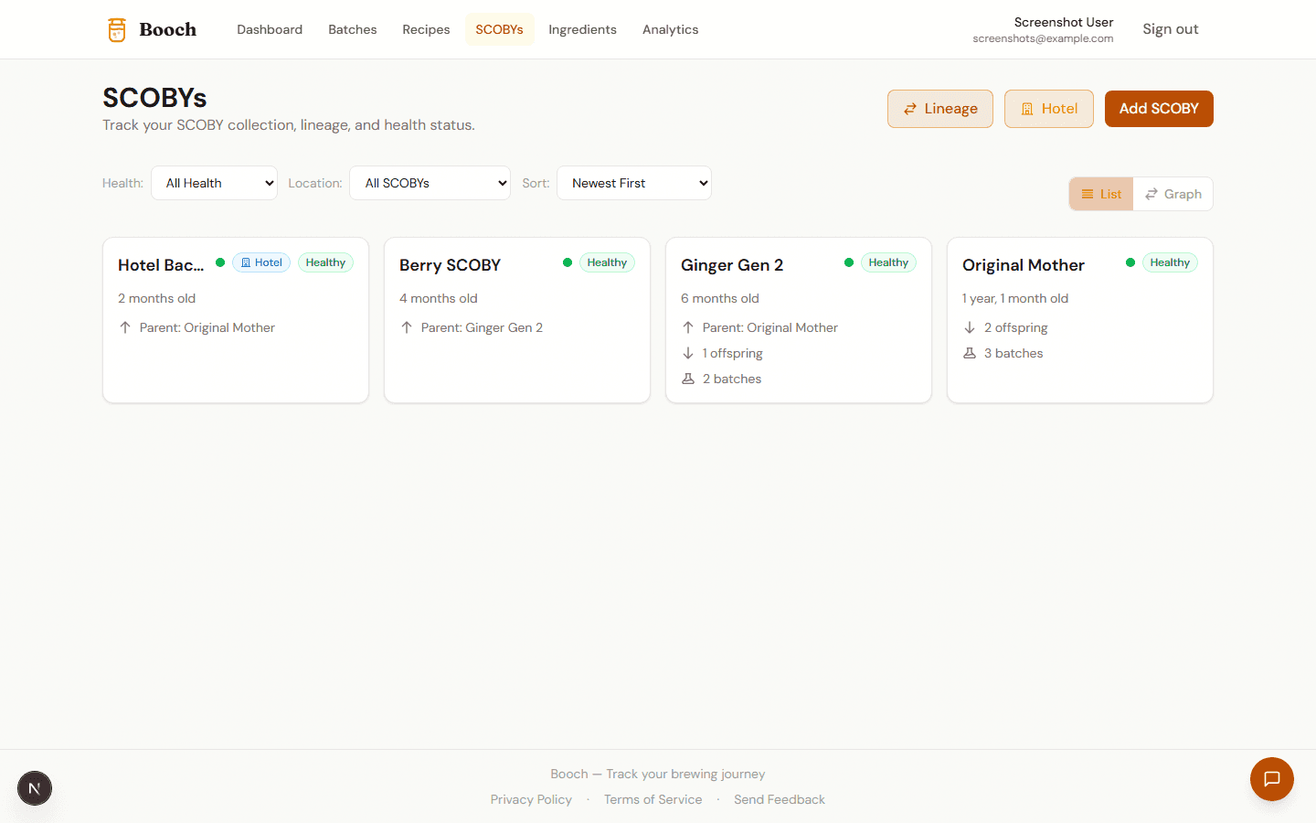 Screenshot of Booch SCOBY tracking showing lineage tree and health monitoring